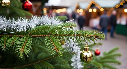 Christmas Tree Branch with Gold and Red Ornaments and Silver Tinsel in Festive Market Setting