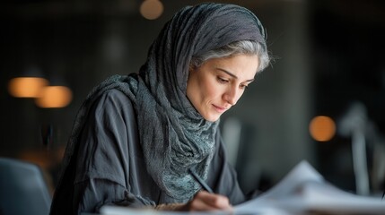 Businesswoman in hijab analyzing financial reports in executive office