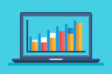 A laptop screen displaying a bar graph with various colored bars on a blue background, showcasing data visualization and analysis
