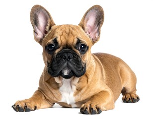 Obraz premium A cute, brown-colored bulldog puppy lies down, looking directly at the camera. It has large, upright ears and a black nose