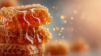 Honeycomb close-up with natural honey drips on soft pastel background