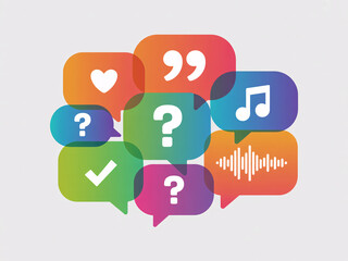 Colorful speech bubbles with question marks, heart, music note, and check mark representing communication, ideas, and choices for creative projects