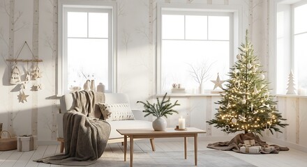 A cozy living room decorated for Christmas with a lit tree and warm sunlight streaming through the windows.