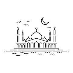 Fototapeta premium Minimalist Mosque Illustration with Crescent Moon and Flying Birds