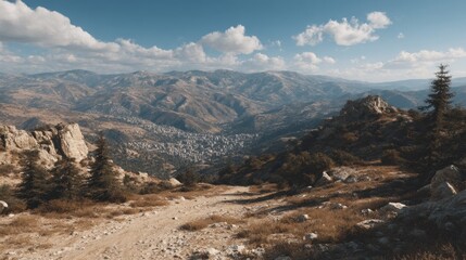 Panoramic vista of mountainous terrain with a settlement nestled within a valley