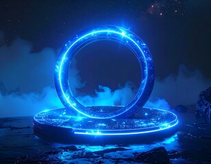A futuristic neon blue ring, resembling a portal, glows atop a platform against a smoky, starry backdrop