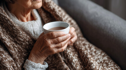An elderly Caucasian woman sits comfortably in her armchair, holding a warm cup of coffee. She is wrapped in a soft blanket, enjoying a quiet afternoon moment filled with warmth and comfort