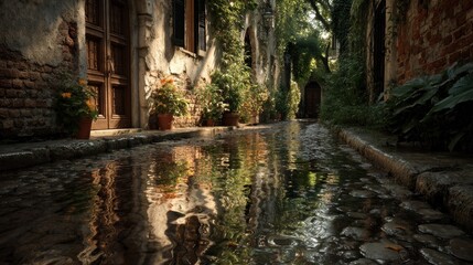 Reflections on the Wet Streets of a Quaint European Town on a Rainy Day