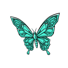 Flat Vector Logo of a Cybernetic Butterfly with Mechanical Wings, Teal and Graphite Color Blocks