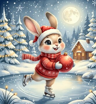 Skating banny holding a red Christmas ball