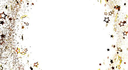 Golden star confetti on white background, festive backdrop. Great for celebrations, birthdays, holidays, events, Christmas, New Year. Abstract d