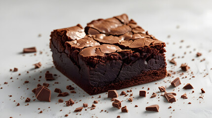 A single, prominent brownie square fills much of this close-up frame, showcasing its intensely dark, fudgy appearance and the signature crinkled top. A few scattered chocolate fragments around it hint