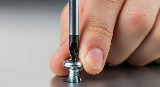 Close-up of Hand Using Screwdriver to Tighten Metal Screw on Surface