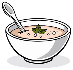 Creamy Soup in Bowl with Spoon and Mint Garnish Simple Cartoon Illustration