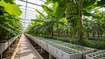Modern hydroponic greenhouse with tropical plants and vegetables growing in rows under controlled environment, showcasing sustainable and efficient farming technology.