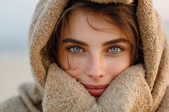 Attractive young woman cozy in a blanket on the beach
