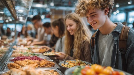 School kids standing at lunch counter choosing meals side by side