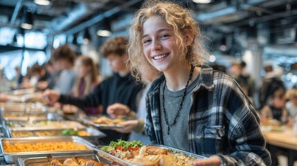School kids standing at lunch counter choosing meals side by side