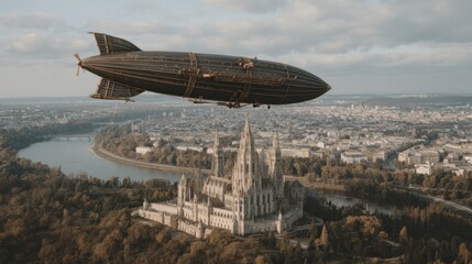 Fototapeta premium Steampunk Airship Soaring Above Ancient City, a Visionary Aerial Journey