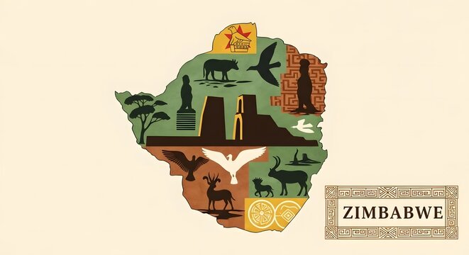 A conceptual illustration of Zimbabwe's map showcasing national symbols, iconic landmarks, and diverse African wildlife