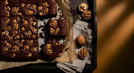 Decadent Walnut Brownies on a Paper with Nuts and Napkin from Top Angle View