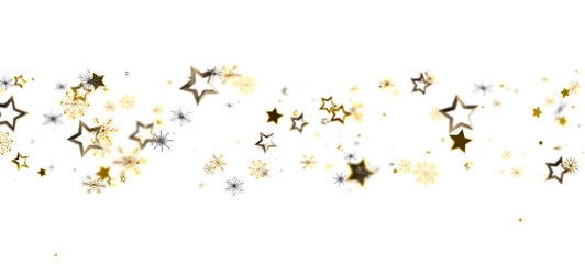 Festive design featuring golden stars and snowflakes on a clean white background. Perfect for holiday themes and celebrations. Ideal for digital