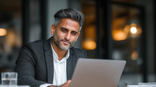Mature businessman or investor analyzing data on laptop with paperwork at desk