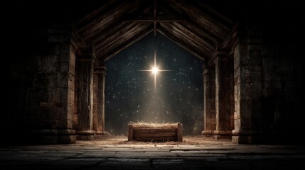 A serene Nativity scene, a rustic stable bathed in ethereal light, where a glimmering star hangs in the heavens above. The manger sits empty. ..Created with Generative AI, not depicting real subjects.