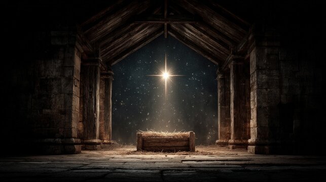 A serene Nativity scene, a rustic stable bathed in ethereal light, where a glimmering star hangs in the heavens above. The manger sits empty. ..Created with Generative AI, not depicting real subjects.