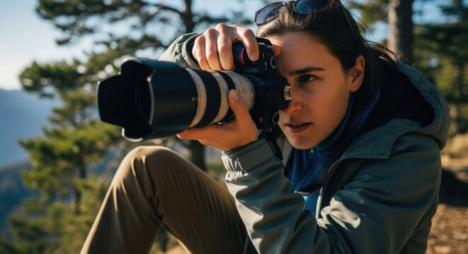 Focused Female Photographer Capturing Nature with Professional DSLR Camera