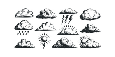 Hand Drawn Weather Icons with Clouds and Lightning