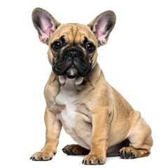 Obraz premium A cute, light-brown French Bulldog puppy sits patiently, looking straight at the viewer. The backdrop is solid white