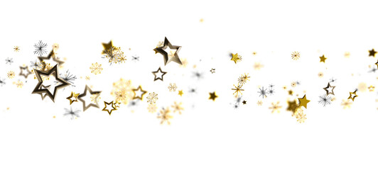 Festive golden stars and snowflakes on white background, for Christmas, new year, birthday, party decorations. Abstract background, celebration,