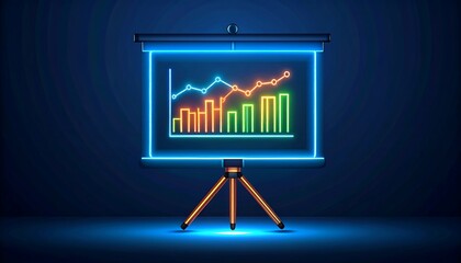 Neon glowing presentation on a tripod, showcasing financial data