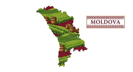 Vector illustration of the silhouette of a country map filled with a pattern of green vineyards and wooden wine barrels, symbolizing viticulture