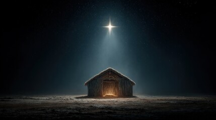 A serene night scene features a radiant star shining brightly above a humble stable, evoking a sense of reverence and peace. ..Created with Generative AI, not depicting real subjects.