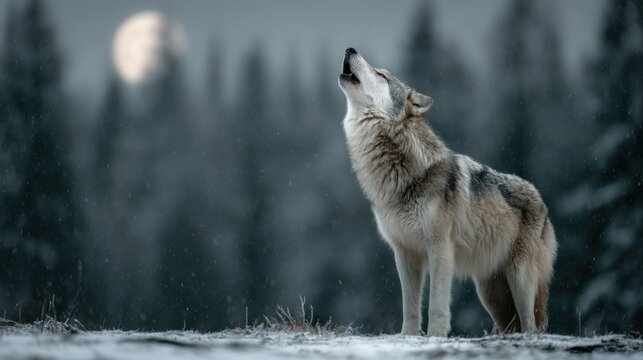 Lone wolf howling at the full moon on a cold winter night landscape