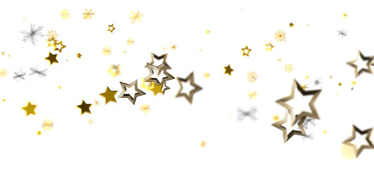 Elegant gold stars and snowflakes on a white background for winter holidays or celebrations design.  Perfect for greeting cards, invites, and fe