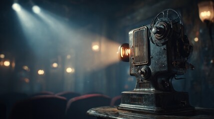 Fototapeta premium Vintage cinematic atmosphere with classic movie projector, nostalgic film presentation