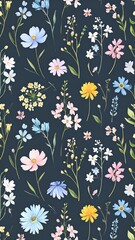 Obraz premium A vertical, repeating pattern of delicate floral watercolor illustrations in various pastel hues scattered over a dark blue background