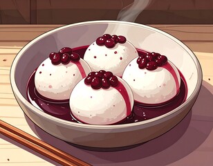 Illustration of four spherical rice cakes with red bean topping