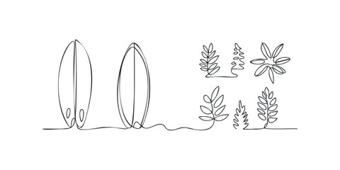 Naklejka premium Line Art Two Surfboards and Leafy Branches