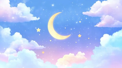 Dreamy crescent moon and stars twinkle in a pastel sky with fluffy clouds, evoking wonder and tranquility for magical backgrounds.
