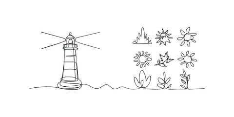 Continuous line drawing of a lighthouse with abstract natural elements