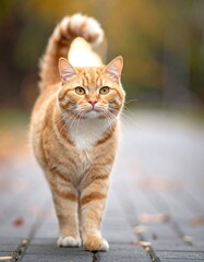 Naklejka premium Orange tabby cat strolls confidently along a paved path, looking ahead