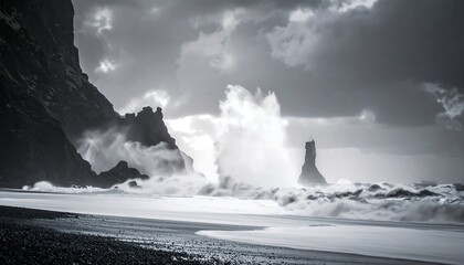 Monochrome seascape of dramatic waves crashing against a rocky shore