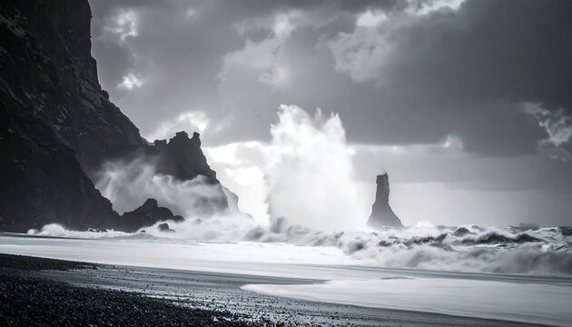 Monochrome seascape of dramatic waves crashing against a rocky shore