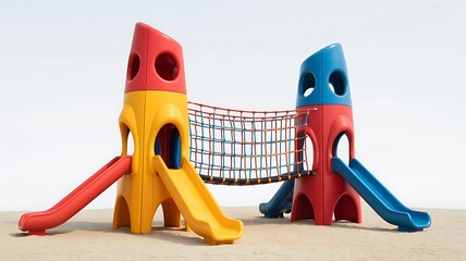 Colorful plastic playground climbing nets with red, blue and yellow slides on beige surface, white background
