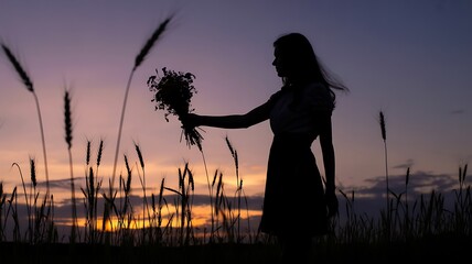 Woman holding flower bouquet silhouette against serene sunset with purple and orange sky and tall grass