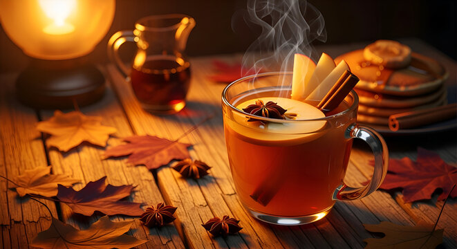 Cozy autumn setting with apple cider, fall leaves, and pancakes on a wooden table